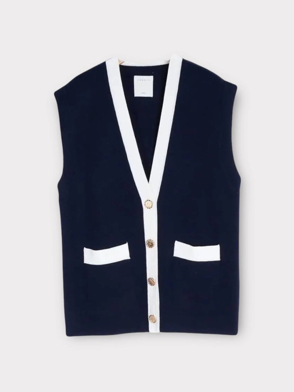Sandro Navy and White V-Neck Buttoned Vest Cardigan